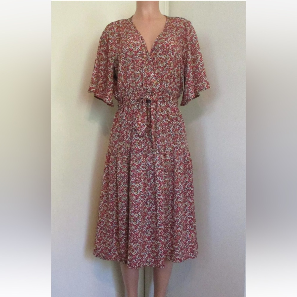 Superfoxx red orange multi color floral print tie waist A-line midi dres…